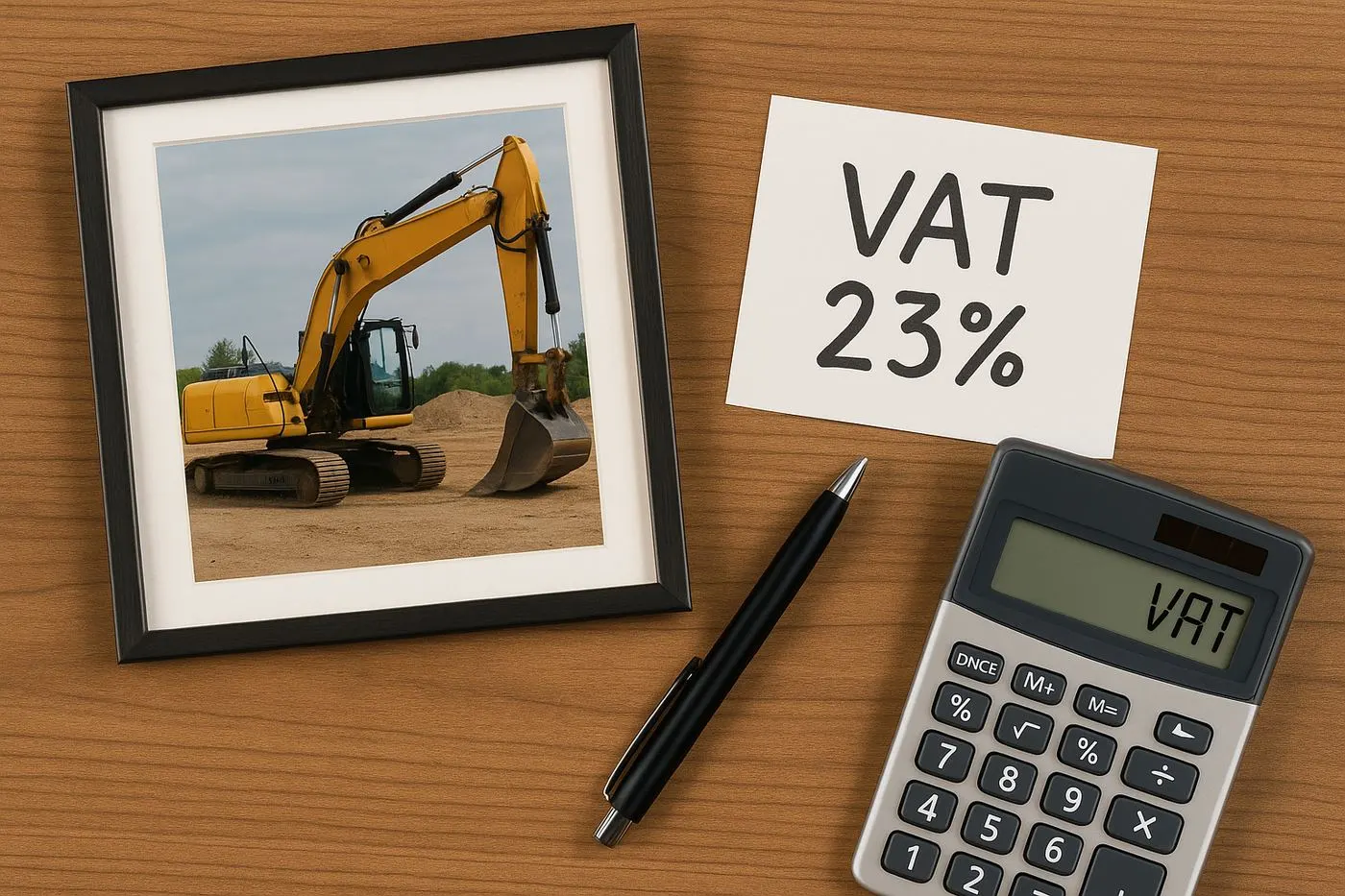 Grafika ze zdjęciem koparki, kalkulatorem i napisem VAT 23%.